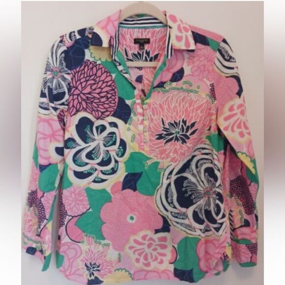Talbots Petites Floral Print Collared Blouse Swing Top 1/4 Button Front PXL - Picture 4 of 12